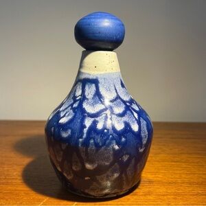 Vintage Art Pottery Handmade Perfume Bottle Vase Decor Blue Drip Glaze Unsigned